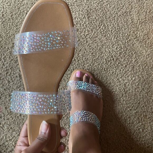 Clear rhinestone setting two band sandals - Picture 1 of 3